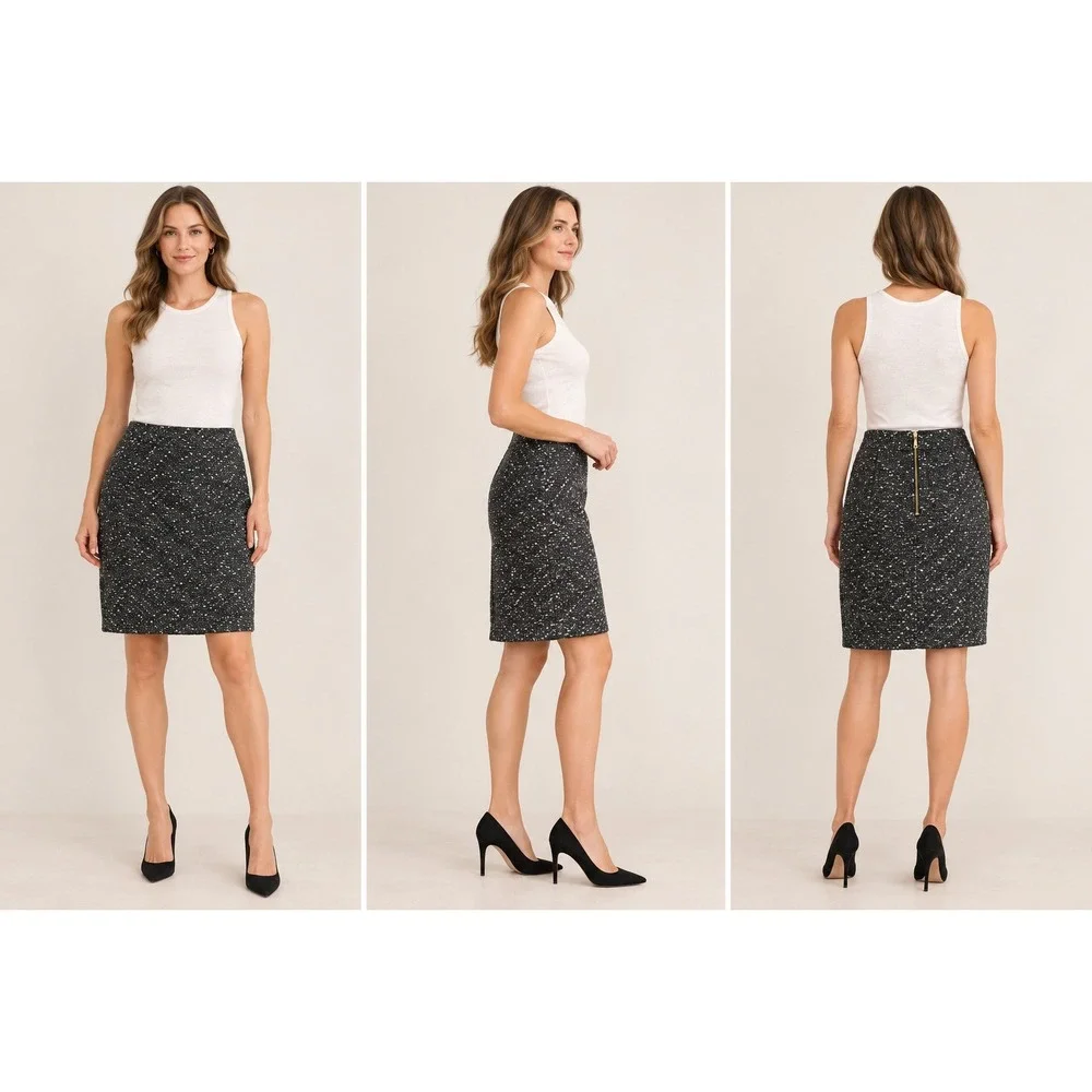 Michael Kors Black White Speckled Tweed Look Pencil Skirt Medium